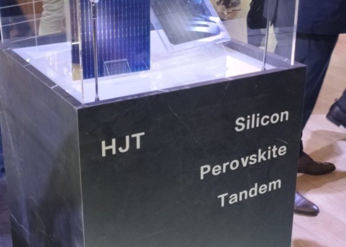 A rare glimpse of the LONGi display containing it's newly-presented perovskite tandem cell when its's not surrounded by curious visitors of at the Intersolar event in Munich, Germany. Image: Andre Lamberti.