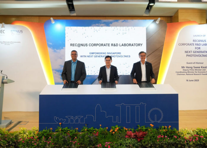 REC Solar chief technology officer Dr Shankar G Sridhara (left), Singapore deputy prime minister Heng Swee Keat (centre) and NUS president professor Tan Eng Chye at the launch of the REC@NUS initiative. Credit: National University of Singapore