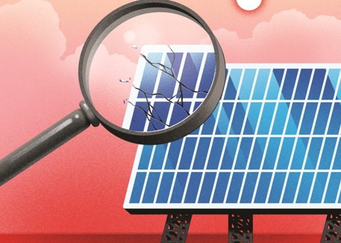 Illustration of magnifying glass looking at cracked solar PV module with sun and clouds in the background
