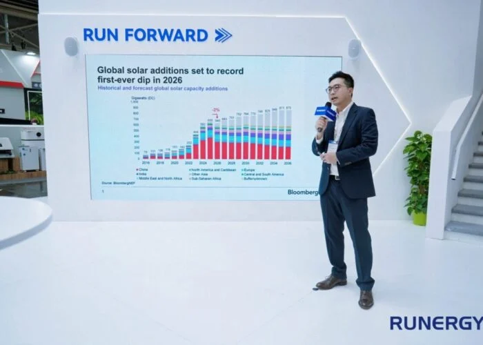 BNEF's Youru Tan makes a speech at Runery's booth at Intersolar Europe 2026.