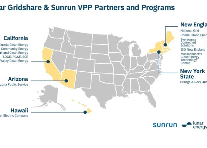 A map of the US showing Sunrun and Lunar Energy VPP partners and programmes in five states.