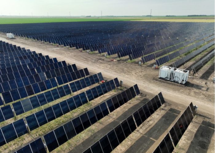 A render of the Double Black Diamond solar project, showing First Solar Panels and single-axis trackers. Credit: Swift Current Energy
